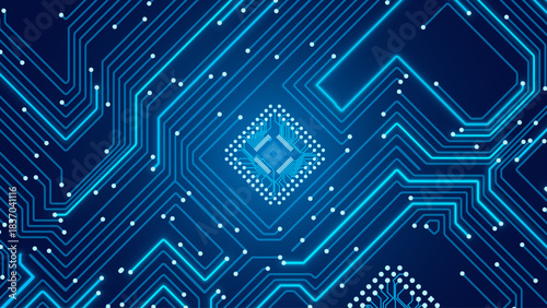Blue Circuit Board Digital Electronics Background. Artificial Intelligence AI Microchip CPU Technology Backdrop Pattern. Computer Motherboard Vector Illustration.
