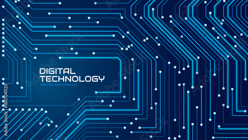 Blue Circuit Board Digital Electronics Background. Artificial Intelligence AI Microchip CPU Technology Backdrop Pattern. Computer Motherboard Vector Illustration.