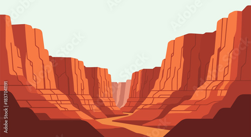 A stylized illustration of a vast canyon with towering red rock formations and a winding river at its base under a bright sky.