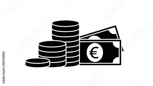 Black and white icon illustration of stacks of coins and Euro banknotes, symbolizing finance, wealth, and currency.