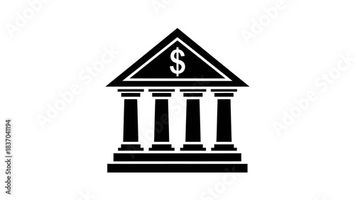 Black silhouette icon of a bank building with a dollar sign on the pediment, representing finance and banking services.