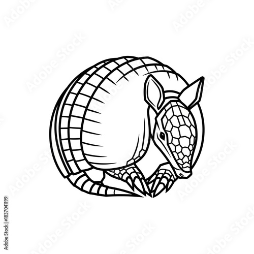 Stylized line art armadillo curled up isolated on white background