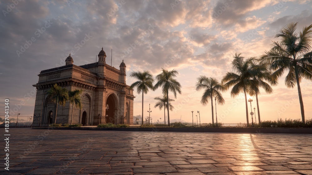 Naklejka premium Gateway of India in Mumbai at sunrise, with palm tree silhouette and orange sky. Historic landmark for travel and tourism.