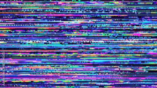 Glitch Pixels Screen. Abstract Cyberpunk Purple Glitched Background. Abstract Noise Effect, Error Video Damage, Stylized Data Corrupted Lines. Vector illustration. 