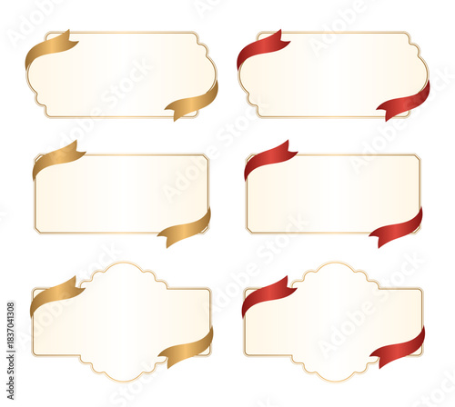 アイボリーの背景とゴールドの縁取り、赤と金の斜めリボンで装飾されたクラシックなメッセージフレーム6点セット、優雅な招待状やラベル、Webサイトのコピースペースに最適なベクターイラスト