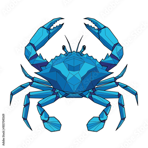 A vibrant blue geometric crab illustration in low poly art style