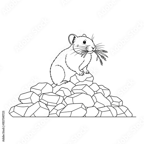 An adorable pika sits on a pile of rocks and carries a sprig of grass