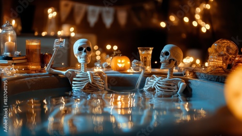 Two skeletons in a hot tub toasting with drinks. Halloween party with spooky mood and festive decoration. Horror and fun concept for holiday.