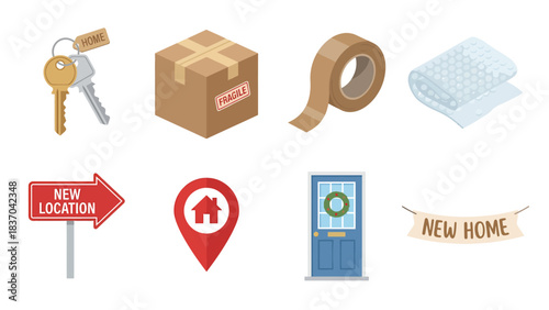 Moving House Icons Set Keys Cardboard Box Tape Bubble Wrap Signpost Map Pin Door Banner Home Relocation and Property Concept