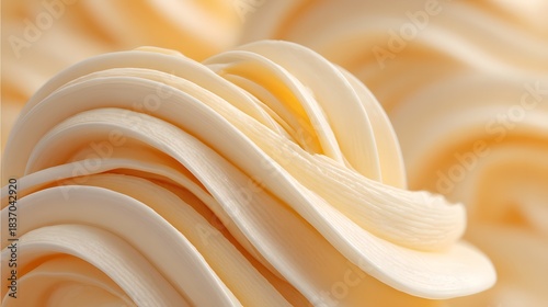 Close up of a white frosting or icing, possibly made from cream cheese. The frosting appears to be in a swirl or wavy pattern, giving it a unique and artistic appearance