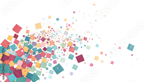 Abstract colorful mosaic of scattered squares in various sizes and textures on a white background