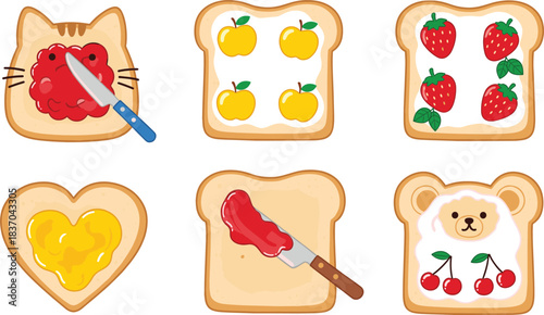 Cute breakfast toast illustration set with jam fruit spreads heart shapes and animal themed bread slices