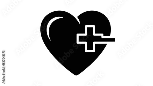 Black heart with a white medical cross symbol, representing health, care, or adding to favorites.