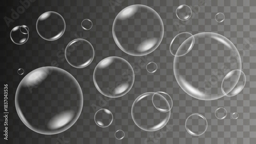 Realistic Transparent Water Bubbles Set – Glossy Floating Soap Droplets with Reflections, Clear 3D Liquid Spheres on Transparent Background Vector