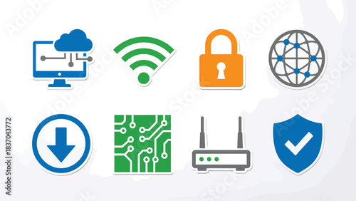 Technology Icons Set Cloud Computing Wi Fi Security Network Download Circuit Board Router Shield