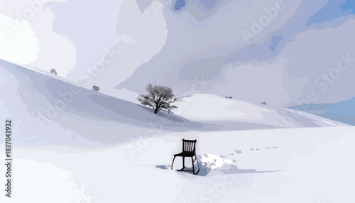 Snowy hills with a rocking chair