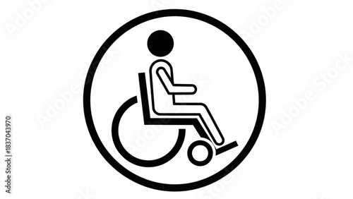 A black and white graphic symbol of a person in a wheelchair, enclosed within a circular border, representing accessibility.