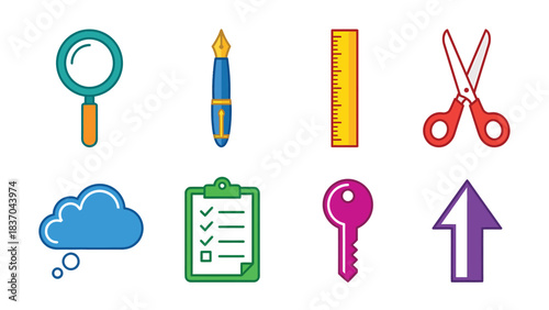 Set of Icons Representing Business Tools Office Supplies and Digital Services for Design and Web Applications