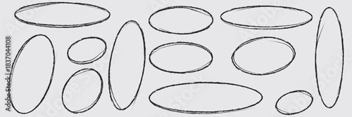 Set of hand drawn doodle ellipses. Scribble ovals and bubbles to circle and highlight text. Collection of different brush drawn black circles. Marker round elements isolated on white background. EPS10