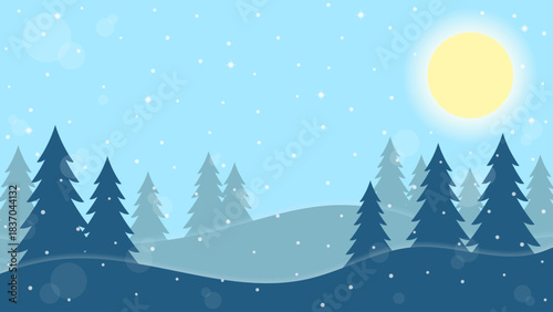 Natural Scenery Of Pine Forest On A Sunny Day With Clear Blue Sky And Sparkling Snowflakes In The Background