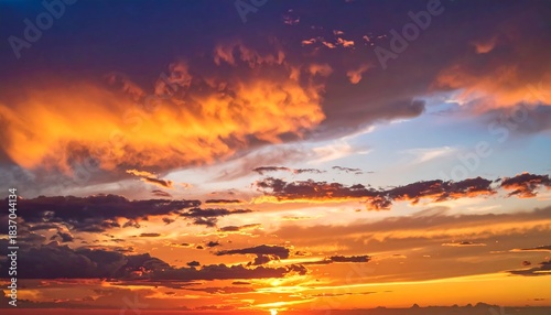 Fototapeta Naklejka Na Ścianę i Meble -  Vivid colorful sunset sky with dramatic clouds and warm orange hues