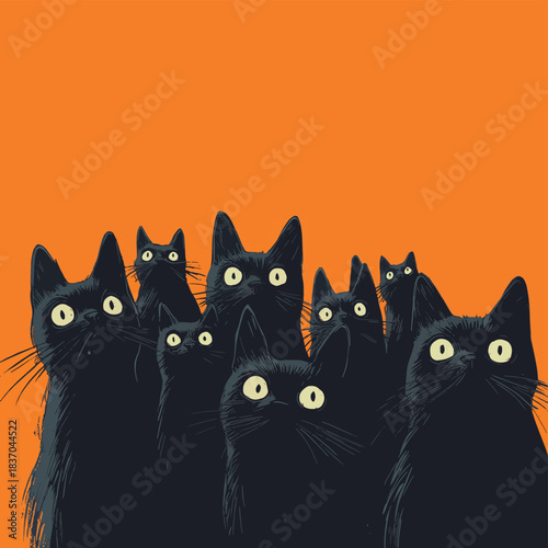 black cats lined together favorite horrified expression still horror entertainment wide eyes shocked posing disguise among humans swarm , vector style simple color
