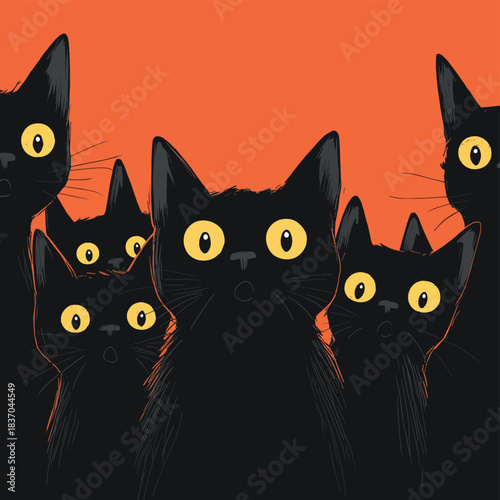 black cats lined together favorite horrified expression still horror entertainment wide eyes shocked posing disguise among humans swarm , vector style simple color