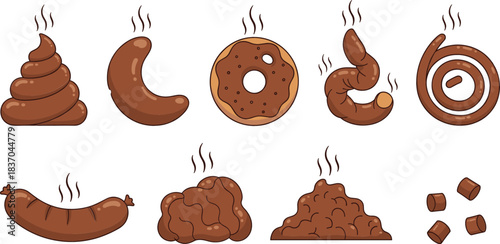 Cartoon Poop Icon Vector Set Featuring Funny Smelly Feces Shapes, Spiral, Pile, and Emoji Style Illustrations