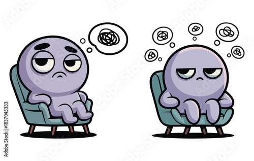 Cute anxiety cartoon characters in armchairs with negative thoughts.