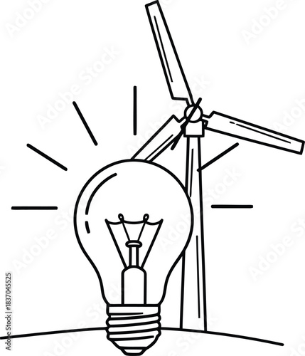 Sketch of a lightbulb and wind turbine representing renewable energy and sustainable power