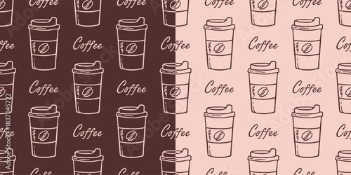 Vector seamless pattern coffee take away, hand drawn line illustration on dark brown and light beige background. Takeaway glass with lid sketch, text. Wrapper or paper dishes print in coffee shop.