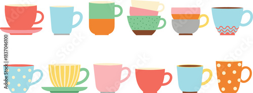 Colorful Coffee Cup Vector Set Featuring Cute Ceramic Mugs, Tea Cups, and Minimal Pastel Drinkware Designs