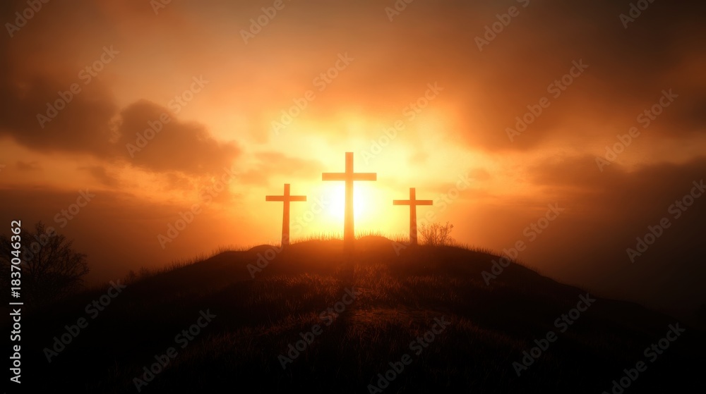Obraz premium Sunset Silhouette of Three Crucifixion Crosses