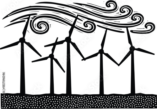 Sketch of wind turbines in a field with swirling wind above them