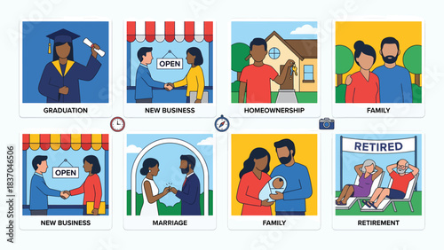 Life Milestones Graduation New Business Homeownership Family Marriage and Retirement Diverse Characters Celebrating Major Life Events and Achievement