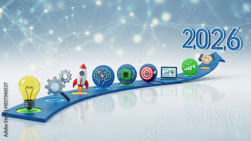 Business growth roadmap with icons representing innovation technology and success leading to the year 2026 conceptualizing future planning and strategy