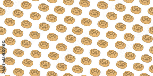 Sweet cinnamon bun, colored sketch, drawing, doodle. Seamless pattern. Delicious baked goods, sweet nutritious snack. Hand-drawn element for cafes, pastries, menus, recipes.  Repeating background.