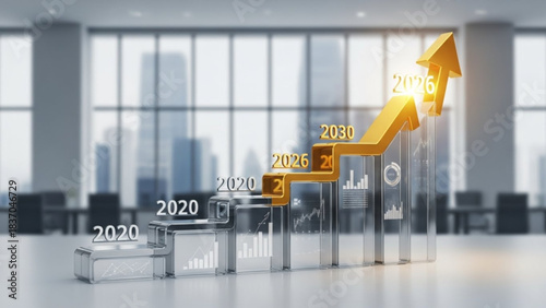 Golden upward arrow graph showing financial growth and future projections representing business success and economic development in a modern office setting