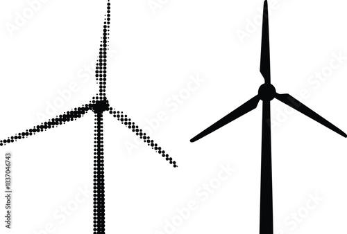 Two wind turbines in black and white isolated on a white background