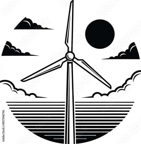 Minimalist landscape with wind turbine sun mountains and ocean waves illustration