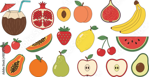 Colorful Fruit Vector Set Featuring Tropical and Fresh Fruits Including Banana, Apple, Avocado, Watermelon, and Citrus Illustrations