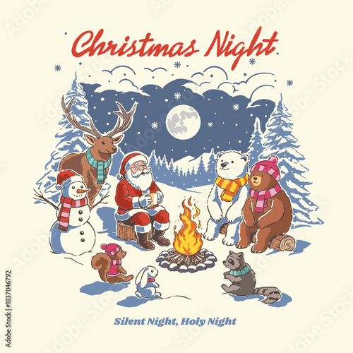 Christmas night illustration santa campfire with snowman deer polar bear racoon squirrel winter forest 