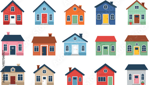 Colorful house illustration set with cute residential home facades isolated for real estate and neighborhood design