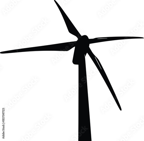 Silhouette of a single wind turbine against a stark white background emphasizing renewable energy