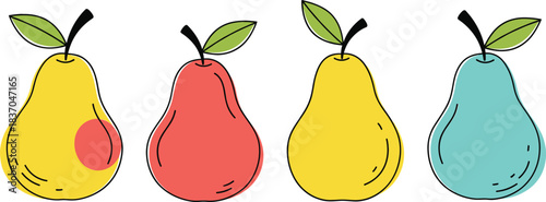 Colorful pear fruit illustration set with hand drawn style fresh healthy produce in simple modern vector design