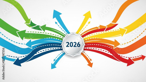 Arrows of Anticipation: A vibrant display of multicolored arrows converging towards the year 2026, symbolizing future directions and progress.