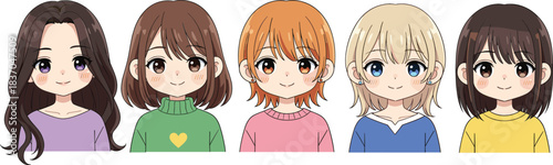 Cute anime girl avatar illustration set with different hairstyles facial expressions and colorful casual outfits