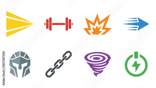 Set of 8 Diverse Vector Icons Strength Speed Energy Power Explosion Spartan Helmet Play Button Chain Links Graphic Design Elements for Apps Websites and Marketing