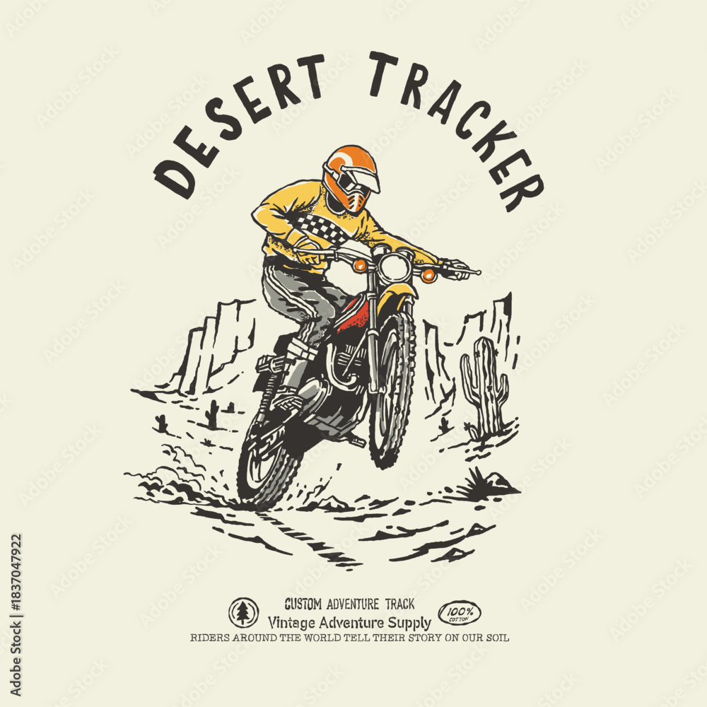Obraz premium Desert Tracker vintage custom trail bike custom motorcycle illustration desert landscape nature national park. Retro outdoor apparel design