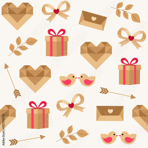 Kraft Valentine Seamless Pattern with Hearts Gifts and Bows